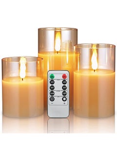 Buy Flameless Candles, Battery Operated Real Pillar Wax Flickering Moving Wick Effect Glod Halloween Glass Candle Set with Remote Control Cycling Timer, 10cm, 12.5cm, 15cm, Pack of 3. in UAE