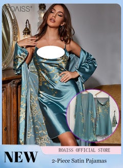 اشتري 2-Piece Satin Printed Nightgown Knee Length Suspender Nightgown Classic Long Sleeved Cardigan Nightgown Babydoll Sleepwear Set في الامارات