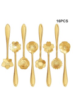 Buy Stainless Steel Gold Leaf Coffee Spoon 16 Pcs Creative Tableware Dessert Spoons, Stirring, Mixing, Sugar, Stir, Ice Cream, Cake, Teaspoon Set (Gold-16Spoon) in Saudi Arabia