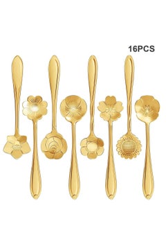 Buy Stainless Steel Gold Leaf Coffee Spoon 16 Pcs Creative Tableware Dessert Spoons, Stirring, Mixing, Sugar, Stir, Ice Cream, Cake, Teaspoon Set (Gold-16Spoon) in Saudi Arabia