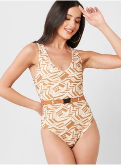 Buy Printed Swimsuit With Belt Detail in Saudi Arabia