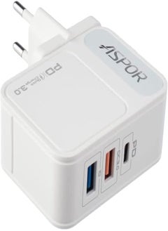 Buy ASPOR A838 Fast Charger PD 18W And QC 3.0 And IQ 2.4A Output EU PIN And TYPE C to LIGHTNING PD Cable,3 USB - White in Egypt