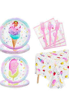 Buy Party Tableware Set, Ice Cream Birthday Supplies Serve 20 - 81Pcs Plates Napkins Tablecloth Forks for Girls Kits Baby Shower Popsicle Theme Decorations in Saudi Arabia