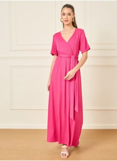 Buy Textured V Neck A-Line Maxi Dress with Waist Tie Up in Saudi Arabia