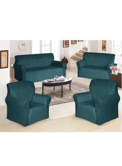 Buy 4 Pieces of Velvet non-slip Super Stretchable Sofa Covers Set for Seven Seats in Green in Saudi Arabia