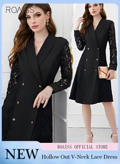 Buy Women's Fashion Lace Patchwork Suit Dress Versatile Double Breasted Waistband Design A-Line Dress Elegant Formal Occasion Professional Dress in UAE