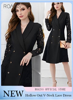 اشتري Women's Fashion Lace Patchwork Suit Dress Versatile Double Breasted Waistband Design A-Line Dress Elegant Formal Occasion Professional Dress في السعودية