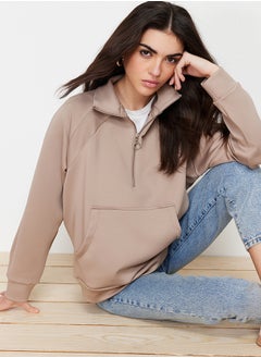 Buy Mink Kangaroo Pocket Zipper Detail Scuba Knitted Sweatshirt TCTSS24TW00001 in Egypt