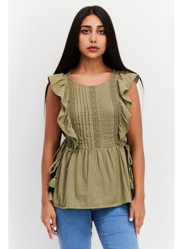 اشتري Women Round Neck Flutter Sleeve Textured Top, Olive في الامارات