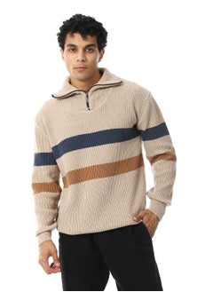 اشتري Wide Striped Zipped Pullover _ Beige, Navy Blue & Brown في مصر