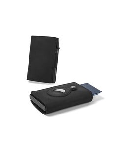 Buy Smart Air Tag Wallet | RFID Credit Card Money Holder Automatic Pop up Mini Aluminum Wallet | Pocket-Sized and Slim Design Multipurpose Accessory for Air Tag Black Leather in UAE