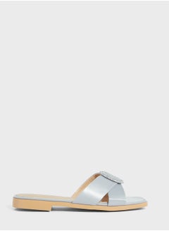 Buy Encrusted Buckle Satin Flat Sandal in UAE