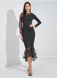 Buy Sequined Mesh Insert Mermaid Hem Midi Dress in Saudi Arabia