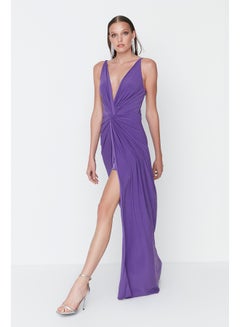 Buy Purple Drape Detailed Long Evening Evening Dress TPRSS19UT0099 in Egypt