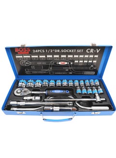 Buy 24 Pieces Socket Set 1/2" Master Drive CRV Impact Socket Set in Metal Portable Case, Includes Extension Bars, Universal Joint & Sliding T-bar for home use and professional purpose in UAE
