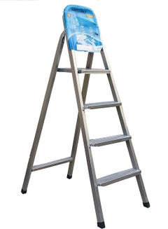 Buy Robustline Steel Ladder 4 Steps Foldable Step Ladder with Handgrip and Non-Slip Treads, 150 kgs Weight Capacity- Silver in UAE
