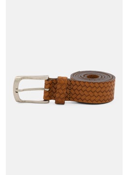 Buy Men Textured Genuine Cow Leather Buckle Belt, Brown in Saudi Arabia