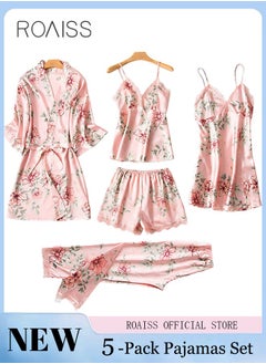 اشتري 5-Pack Women's Sleepwear Set Sling Lace Nightdress Sweet Pajama Home Wearing Clothes Loungewear Suits Floral Printing Ladies Nightwear Lingerie Robe Underwear Shorts Summer Spring في الامارات