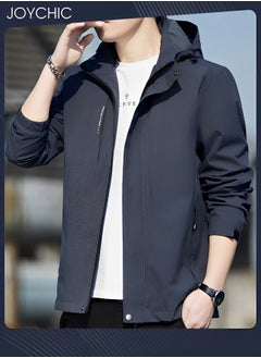 اشتري Solid Pattern Autumn and Winter Men's Jacket Hooded Casual Sports Windproof Zipper Coat with Cap Outdoor Dark Grey في الامارات