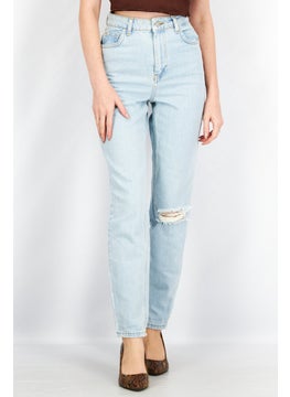 Buy Women Mom Fit Rip Non-Stretchable Denim, Light Blue in UAE