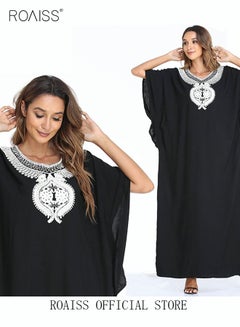 Buy Women's T-Shirt Dress Long Robe Casual Traditional Ethnic Dress Loose Batwing Short Sleeve V Neck Floral Printing Ladies Dresses for Spring Summer Daily Wear Black/White in UAE
