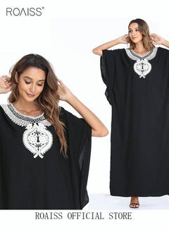 اشتري Women's T-Shirt Dress Long Robe Casual Traditional Ethnic Dress Loose Batwing Short Sleeve V Neck Floral Printing Ladies Dresses for Spring Summer Daily Wear Black/White في الامارات