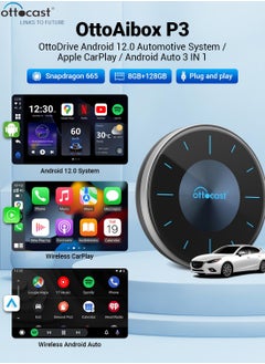 Buy OTTOCAST P3 OttoAiBox - 2024 Android 12 CarPlay AI Box, Wireless CarPlay & Android Auto Adapter, 8GB+128GB, HDMI Output, GPS, Video Viewing YouTube, Netflix, Tiktok, etc in Saudi Arabia