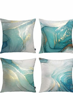 Buy Throw Pillow Covers, Marble Texture Turquoise and Gold Silver Decorative Case Set of 4, Luxury Abstract Fluid Art Ink Soft Velvet Square Cushion Covers for Bed Sofa Home Decor in Saudi Arabia