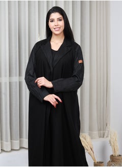 Buy Black abaya with a turn-down collar and floral fabric on the collar sleeves and back in Saudi Arabia