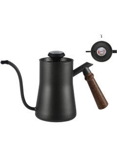 اشتري 550ml Coffee Kettle with Thermometer Pour over Kettle Stainless Steel Tea Kettle Stovetop Coffee Tea Pot with Wood Handle for Drip Coffee(Black) في الامارات