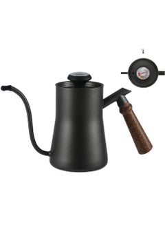 اشتري 550ml Coffee Kettle with Thermometer Pour over Kettle Stainless Steel Tea Kettle Stovetop Coffee Tea Pot with Wood Handle for Drip Coffee(Black) في الامارات