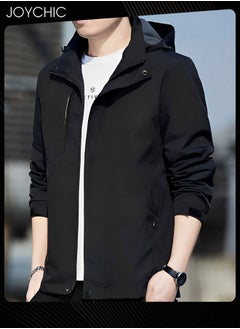 Buy Solid Pattern Autumn and Winter Men's Jacket Hooded Casual Sports Windproof Zipper Coat with Cap Outdoor Black in Saudi Arabia