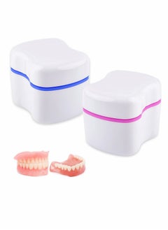 Buy Denture Bath Case, Denture Cups Container with Basket Denture Holder 2 Pack (Blue, Red) in UAE