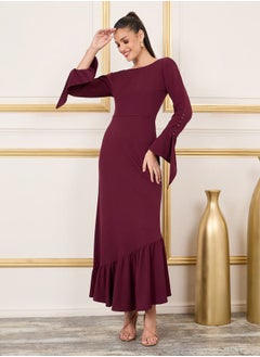 Buy Button Loop Detail Sleeves Ruffle Hem A-Line Maxi Dress in Saudi Arabia