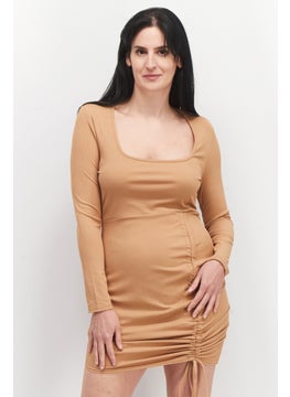 اشتري Women Petite Long Sleeve Ribbed Mini Dress, Tan في الامارات