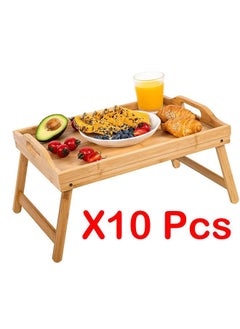 Buy Bamboo Wooden Foldable Breakfast Table Laptop Desk Bed Food Serving Tray with Grip Handles Folding Legs for Eating Reading (Pack of 10) in Saudi Arabia