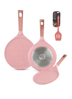 اشتري Crepe Pan Set with Silicone Turner -Die Cast Aluminum Body With Multi Layer Granite Non-Stick Coating | 100% PFOA FREE | Heat-Resistant Handle Hanging Loop (20/24/28 CM, Pink) في الامارات