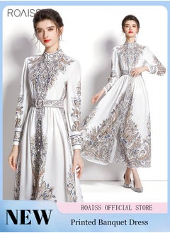 اشتري Women'S Fashion Printed A-Line Dress Standing Neck Long Sleeve Design With Cuffs Tightened Waist Belt Tightening Banquet Dress في السعودية