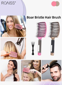 Buy Boar Bristle Hair Brush 2 Pack Set Dry/Wet Hair Brush Detangler for Fine, Thick, Curly Hair Curved and Vented Hair Brush for Women, Men with Comb Cleaning Claw (Pink and Gold) in UAE