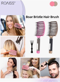 Buy Boar Bristle Hair Brush 2 Pack Set Dry/Wet Hair Brush Detangler for Fine, Thick, Curly Hair Curved and Vented Hair Brush for Women, Men with Comb Cleaning Claw (Pink and Gold) in UAE