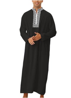 Buy Men's Muslim Stand Collar Printed Loose Robe Thobe Long Sleeve Zipper Kaftan Black in UAE