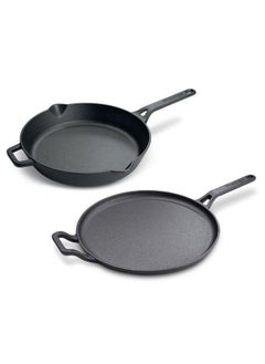 اشتري Prestige Pre-Seasoned Cast Iron Cookware Set - 28cm Flat Dosa Tawa + 26cm Fry Pan | Set Combo Offer for Kitchen | Iron Utensils for Cooking | Induction Cookware Set, Black, PR49081 في الامارات