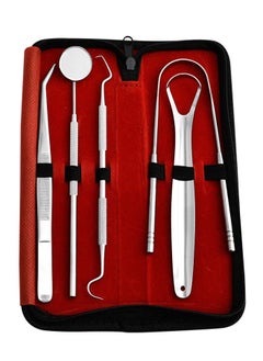 Buy Dental Oral Tools - Plaque Remover for Teeth - Professional Dental Hygiene Cleaning Kit 5-Pcs Tongue Coating Cleaning Tool, Oral Tool Set Red/Silver in Saudi Arabia