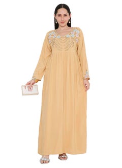 Buy SOLID MUSTARD YELLOW COLOUR LONG VISCOSE EMBROIDERED MODEST ARABIC KAFTAN JALABIYA DRESSES in Saudi Arabia