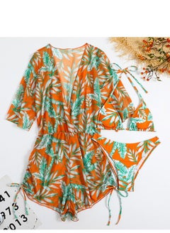 Buy 3 Piece Swimsuit Print Halter Strappy Swimsuit Bikini Orange in UAE