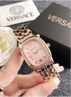 اشتري Versace Women's Cubic Zirconia Classic Fashion Versatile Rectangular Quartz Watch with Rose Gold Stainless Steel Band 26mm Pink Dial في الامارات