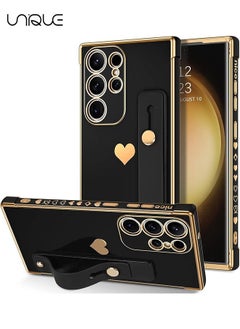 اشتري Compatible Samsung Galaxy S23 Ultra 5G Enclosure with Finger Strap Luxury Cute Heart Electroplating Phone Case Full Body Protection Stand Cover for Galaxy S23 Ultra 5G 2023 Female Girl - Black في الامارات