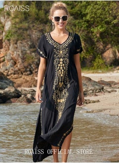 اشتري Women Long Swimsuit Cover up Floral Embroidered Beach Blouse Beachwear Bohemian Robe Ladies Loose Dress Casual Large Size Swim Sunscreen for Summer Black/Gold في الامارات