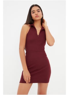 Buy Burgundy Fitted Polo Neck Mini Ribbed Stretchy Knitted Pencil Dress TWOSS22EL1981 in Egypt