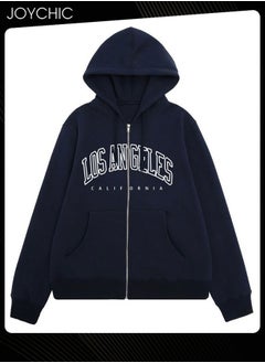 Buy New Style Long Sleeve Zipper Pullover Hoodie Trendy Letter Pattern Autumn and Winter Warm Outwear for Women Navy Blue in Saudi Arabia